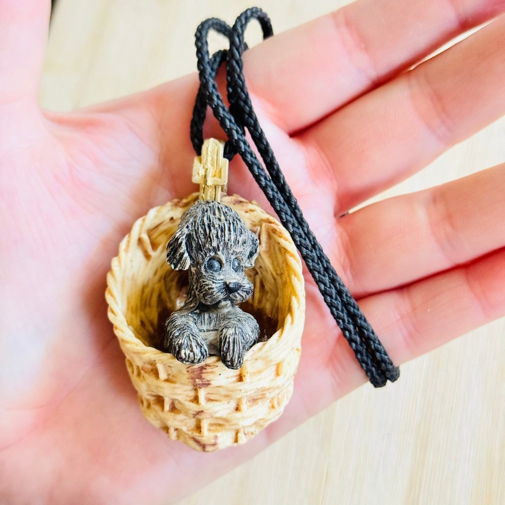 1970s Luca Razza Puppy Dog Basket Necklace VTG Retro Resin 3-D Signed